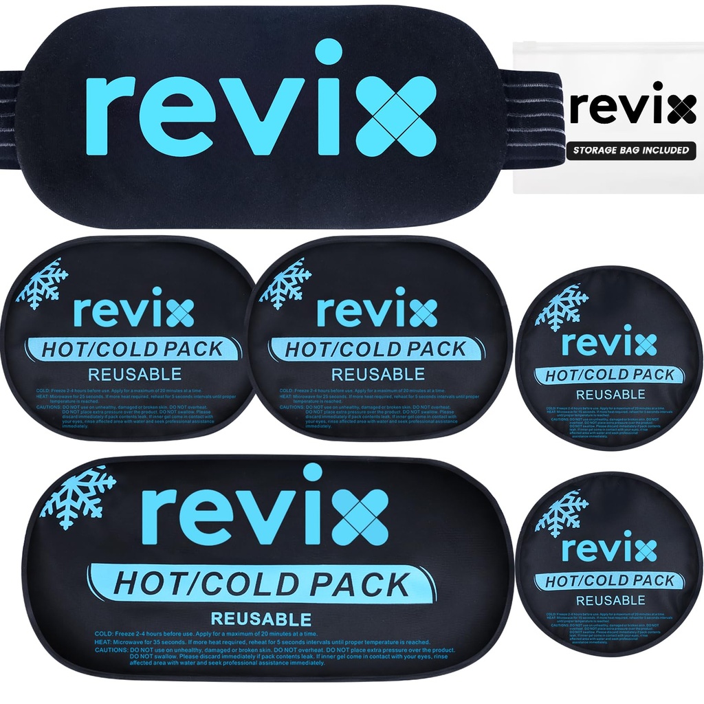 REVIX Ice Packs for Injuries Reusable, 5-Piece Set Hot and Cold Gel Ice Pack for Joints, Muscle, Post-Workout Recovery, Adaptable and Flexible Cooling Pads for Knees, Back, Arms and Neck