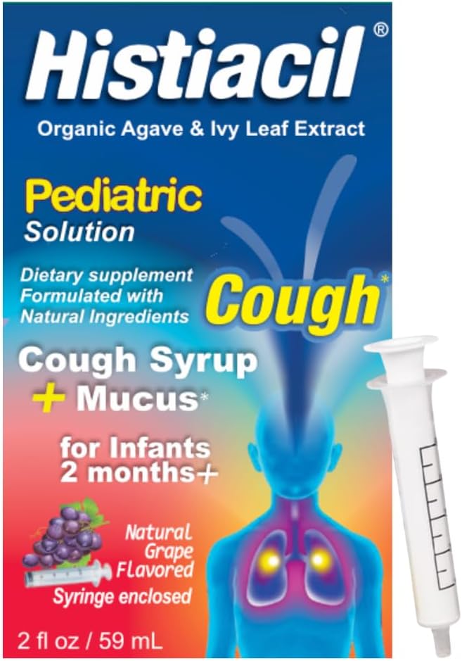 Histiacil Orgánica Agave Jarabe para TOS, Infantes 2 Meses y Más Viejo, Tos + Alivio Mucus Hecho con Agave & Ivy Leaf Extracto, Fórmula Pediátrica para Mucus Daytime Flavor, 2 fl oz