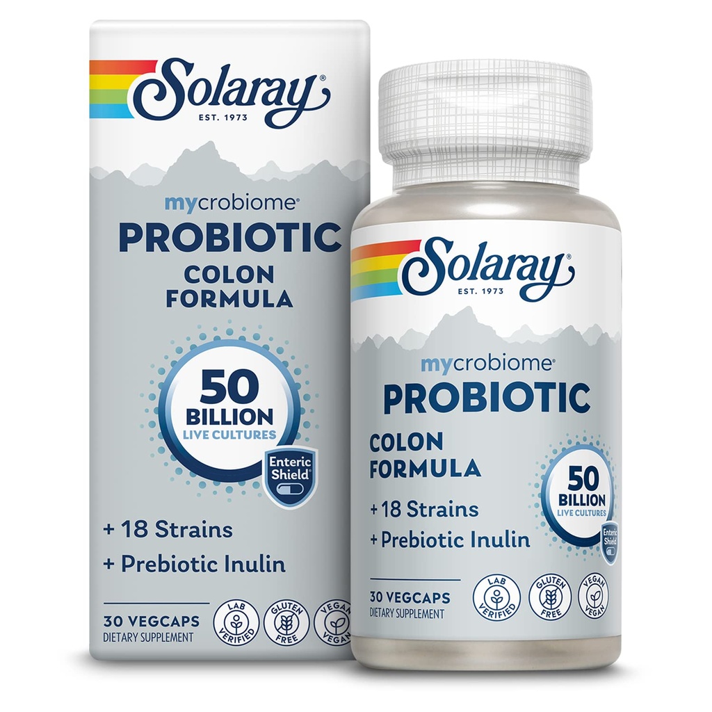 SOLARAY Mycrobiome Probiotic Colon Formula, Vegan, Función Digestiva, Colon Health, e Immune System Support, 50 Billion CFU, 18 Strains, Prebiotic Inulin, 60-Day Guarantee, 30 Servings, 30 VegCaps