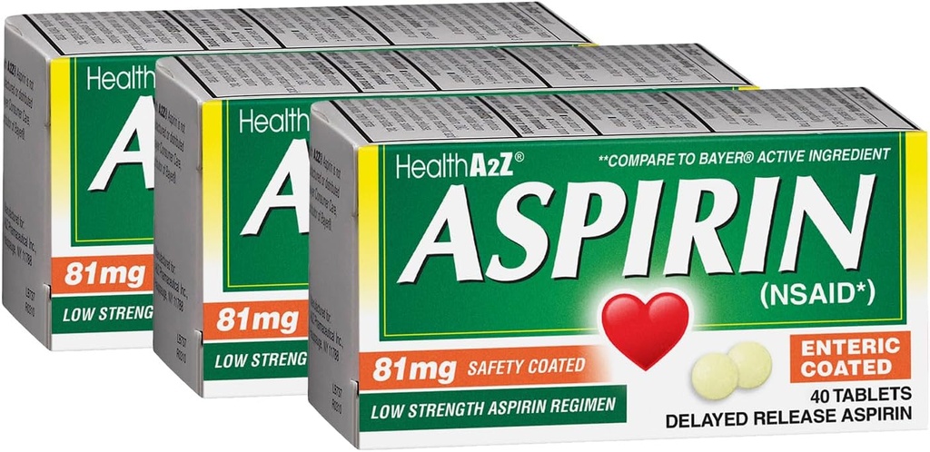 HealthA2Z® Aspirin 81 mg | Low Strength | Enteric Coated | Pain Relief | Reduces Minor Aches Muscle Pain & Cramps | Fever Reducer | Reduces Headache (40 Counts (Pack of 3))
