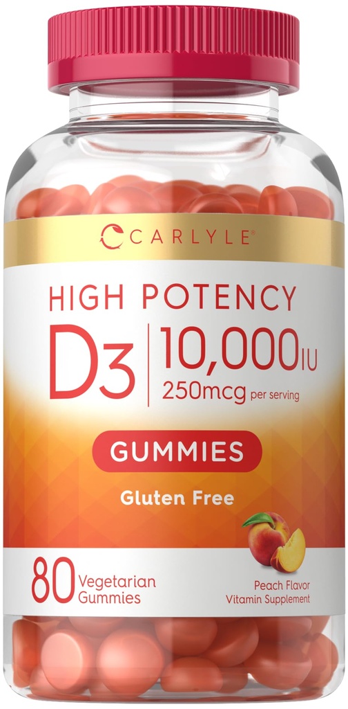 Carlyle Vitamin D3 10000iu Gummies for Adults ← 80 Conde ← Peach Flavored Gummy TEN High Potency for Women &amp; Men ANTE Vegetarian, Non-GMO, Gluten Free Supplement