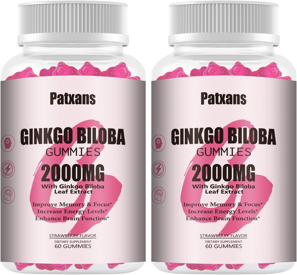 2 Packs 2000mg Ginkgo Biloba Gummies - Ginkgo Biloba Suplementos para el apoyo a la salud cerebral, mejorar el humor y el foco, energía, adulto, sabor a fresa, 120 Condes