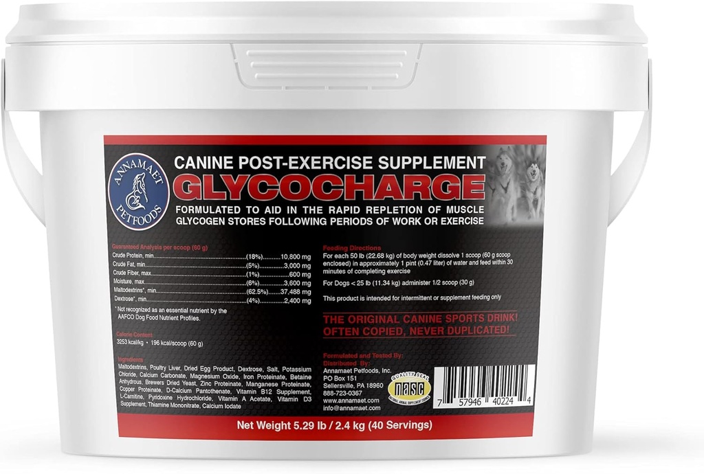 Annamaet Glycocharge – Suplemento post-ejercicio para atletas caninas y perros de trabajo – con Maltodextrins para ayudar a reponer el glucógeno muscular para la recuperación más rápida - 2.4 kg