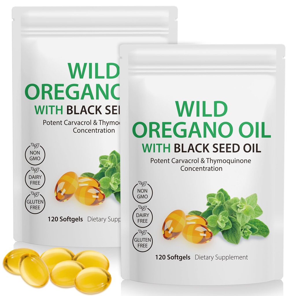 Óleo de Oregano Softgels 6000mg Por Serving 240 Conteo Silencioso 2 en 1 Formulado con Aceite de Semillas Negras 200mg, 4X Strength Carvacrol " Thymoquinone  durable Plant Based, Non-GMO " Immune Support
