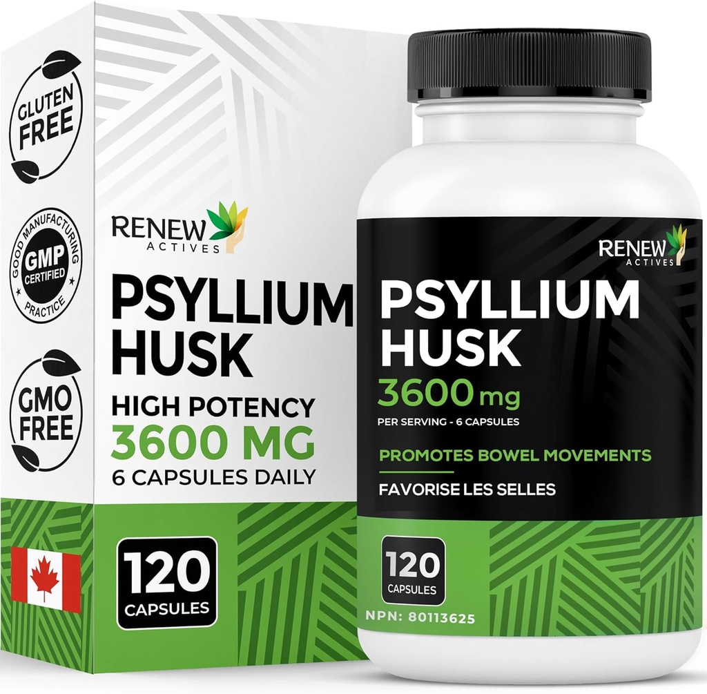 Renew Actives Psyllium Husk 1200MG por 2 cápsulas – Bulk-Forming Laxative & Soluble Fiber for Digestive Health, Regularity & Adult Wellness – Pure Ingredients – Made in Canada – 120 cápsulas