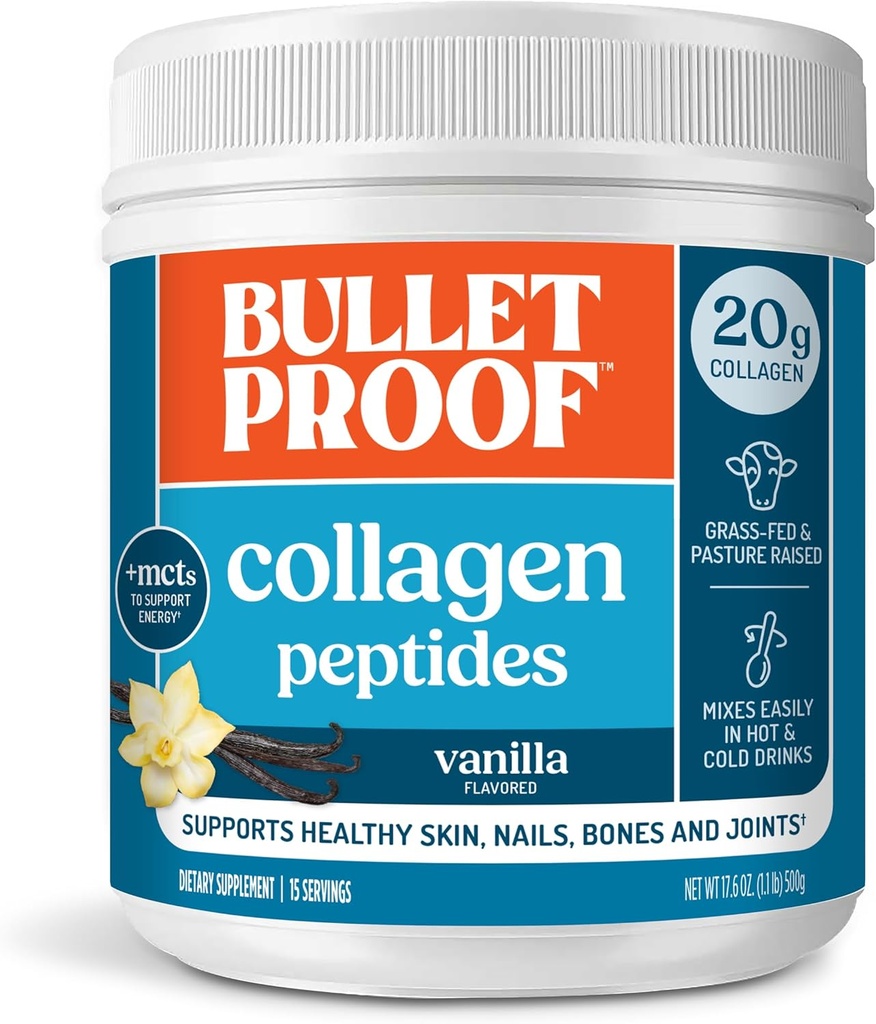 Bulletproof Vanilla Collagen Peptides Powder with MCT Oil, 14.3 Ounces, Grass-Fed Collagen Protein for Skin, Bone and Joint Support, Pasture Raised, No Added Hormones, Packaging May Vary