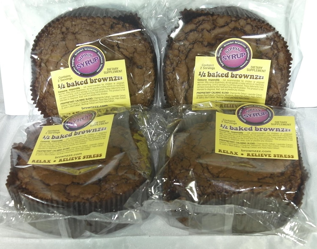1/2 Baked Brownzzz - Relajar y Aliviar Estrés - Cantidad de 4 en Recuadro - Suplemento dietético con manzanilla, Lavanda, Valerian, St. John's Wort y Más (4)