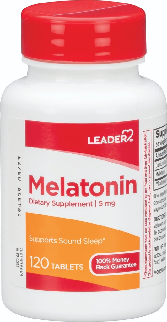 Líder Melatonin 5MG Tablets 120 Ct. Ayuda natural del sueño para las noches de descanso