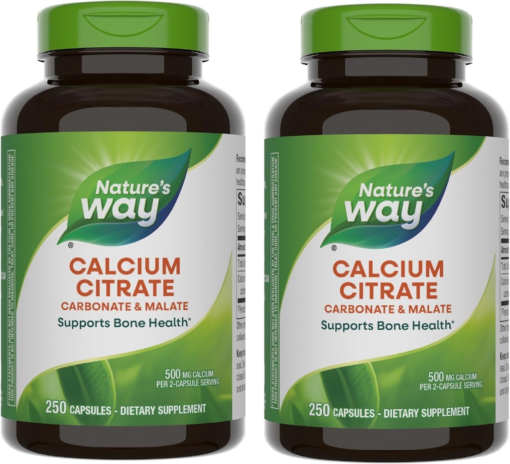 Citrato de calcio, 500 mg de calcio por 2 cápsulas de servicio, para la función del músculo de la salud ósea*, mezcla de citrato, carbonato " malato, sin gluten, 250 cápsulas (paquete mayo Vary) - 2 paquete