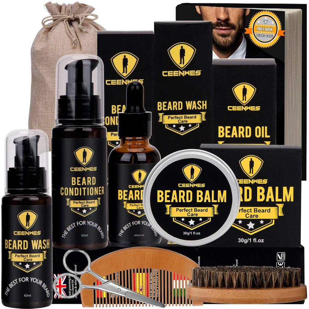 Ceenwes Upgraded Beard Grooming Kit - Acondicionador, Aceite, Cepillo, Comb, Balm, Tijeras, Bolsa de almacenamiento para la barba y el bigote Trimming, Perfect Men's Gift