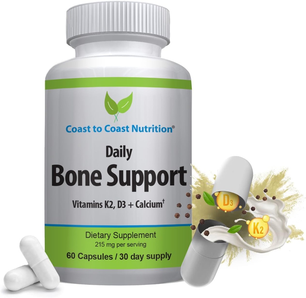 Soporte diario de bonificación: Suplemento de calcio con vitamina D3, K2 - Suplemento de huesos – Ideal para adultos mayores, mujeres posmenopáusicas, atletas - 60 cápsulas vegetarianas