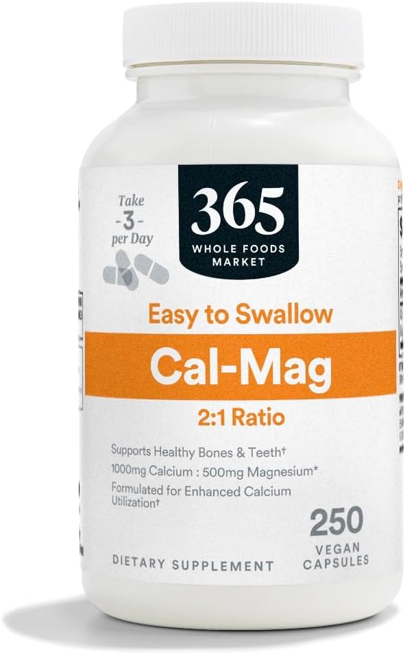 365 por Whole Foods Market, Cal-Mag 2:1 Ratio, Easy-to-Swallow Vegan Capsules, 250 Conde