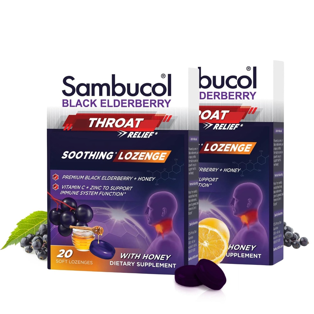 Sambucol Black Elderberry Throat Lozenge - con miel, vitamina C & Zinc, Elderberry Lozenges Sore Throat &amp; Cough, Soothes Scratchy Throat, Soft &amp; Chewy - 2 Pack (40 Pastilles totales)
