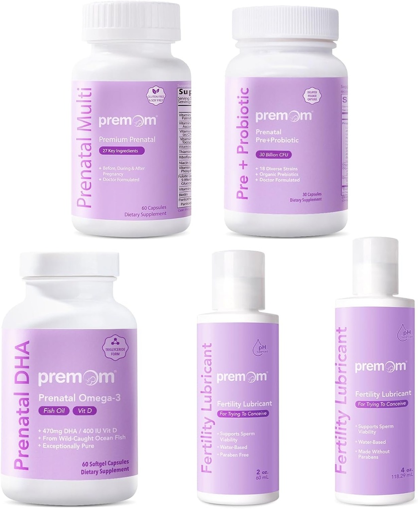 Premom Multivitamin for Women + Prenatal DHA Fish Oil + Prenatal Pre & Probiotics + Personal Fertility Lubricant for Conception 2&4 Fl Oz