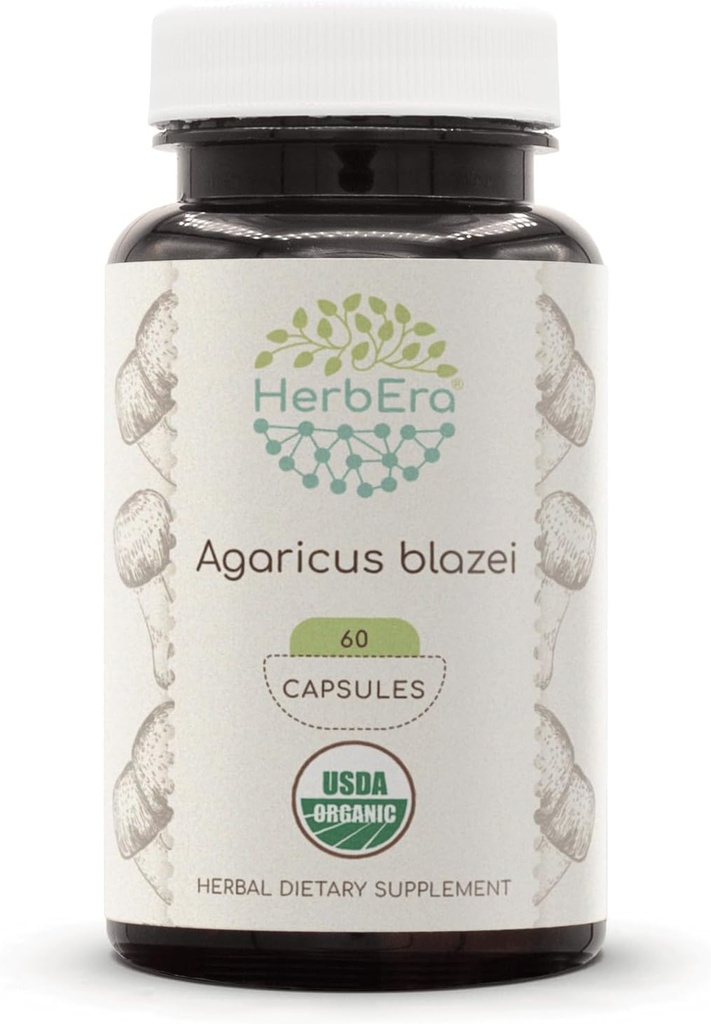 HerbEra Agaricus Blazei USDA Organic 60 Capsules | Natural Herbal Supplement | Certified Organic Vegetarian Capsules and Organic Agaricus Blazei (Agaricus blazei murill) Dried Mushroom (60 Capsules)