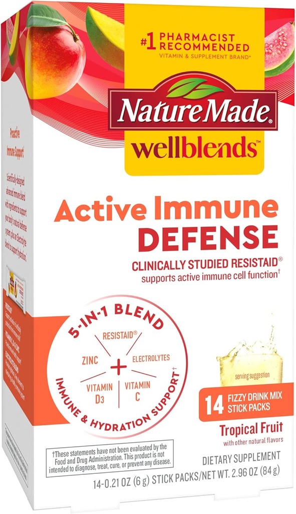 Nature Made Wellblends Active Immune Defense Fizzy Drink Mix, ResistAid, Vitamin C 500mg, Vitamin D 1000 IU, Zinc, and Electrolytes Powder, 14 Stick Packs