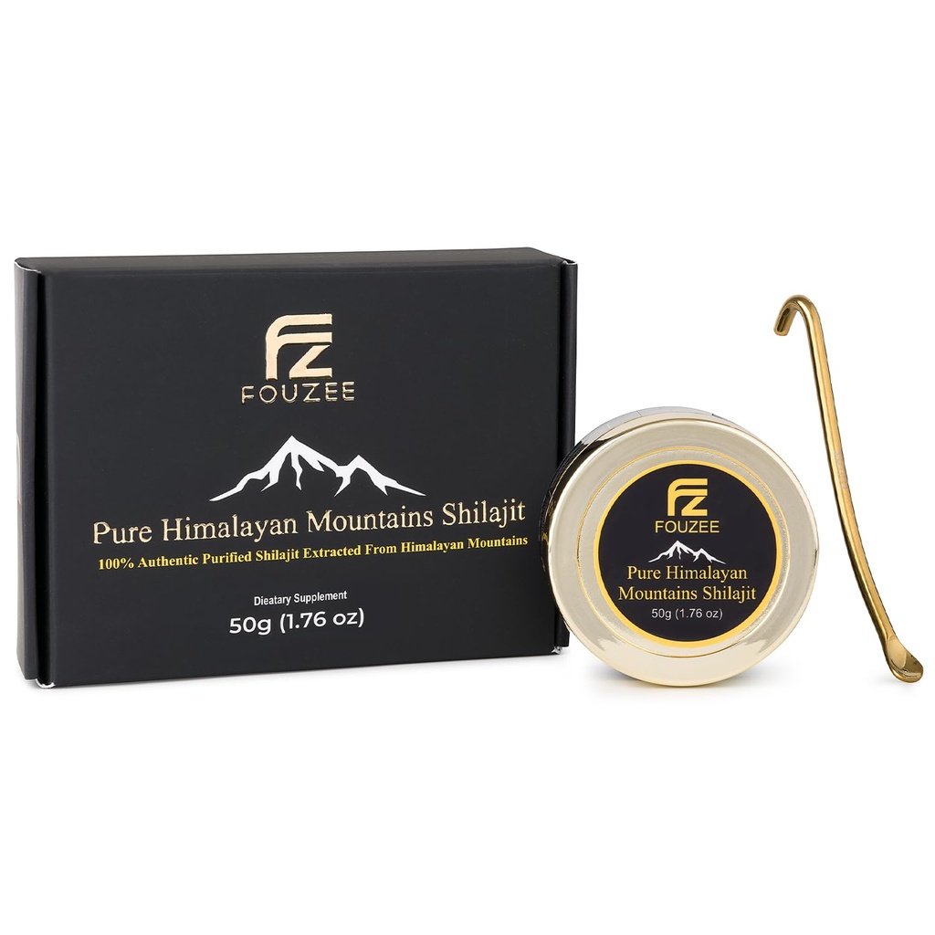 FOUZEE Pure Himalayan Mountains Shilajit - 77% + Fulvic Acid Authentic Hard Consistency, Natural Source of Fulvic Acid, Over 85 Trace Minerals, Incluye Spoon de acero inoxidable (50 Grams)
