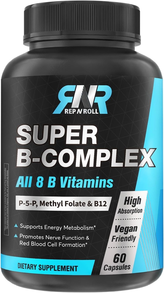 Complejo Super B, 8 Vitaminas Bioactivas B, con Folato de Metil, Metil B12, P-5-P (Vitamin B6), D-Biotin, Niacinamide, Alta Absorción, No GMO, Apoyo a la Producción Energética, 60 Caps Vegan