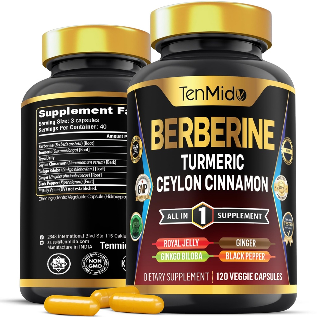 Suplemento de Berberina - 7in1 Fórmula - Combina con Turmérica, Royal Jelly, Ceylon Cinnamon, Ginkgo Biloba, Ginger &amp; Black Pepper - Salud Digestiva, Immune Support - 120 cápsulas