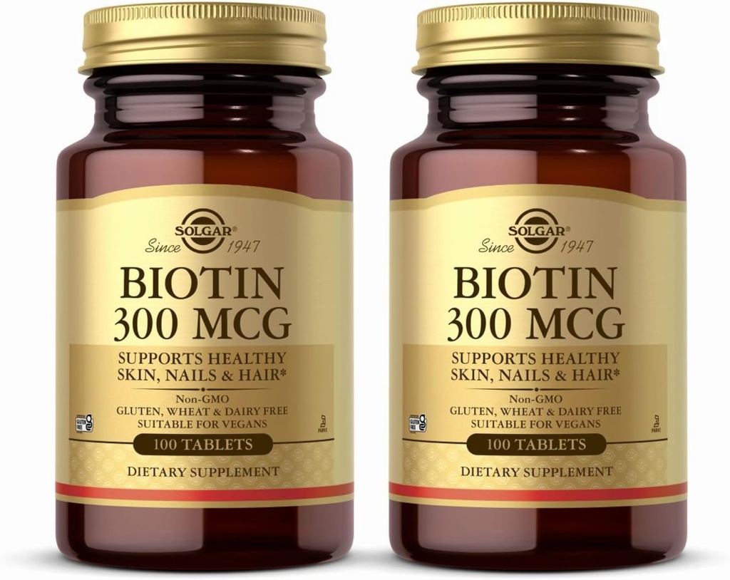 Solgar Biotin 300 mcg - 100 Tablets, Pack of 2 - Supports Healthy Skin, Nails & Hair - Non-GMO, Vegan, Gluten Free, Dairy Free, Kosher - 200 Total Servings