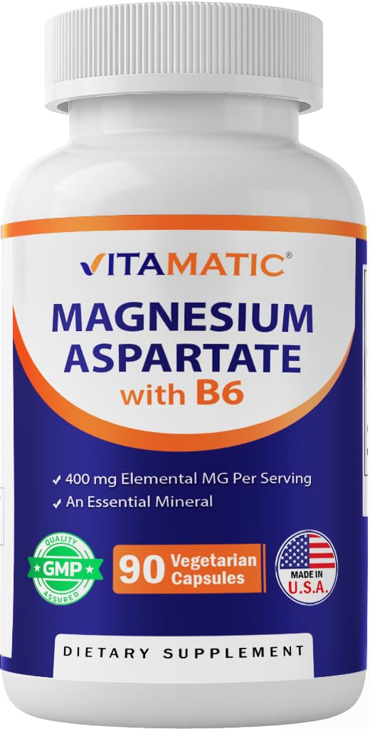 Vitamatic Magnesium Aspartate 400mg per Serving - 90 Vegetarian Capsules - Added B6 for Maximum Absorption - Supports Muscle, Joint, and Heart Health*