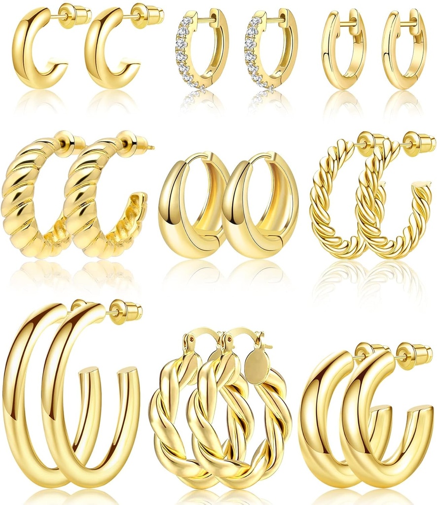 Adoyi 9 Pairs Gold Hoop Earrings Set for Womens Twisted Huggie Hoops Earrings 14K 18K Gold Plated for Girls Valentines Mother's Day Birthday Gifts Lightweight