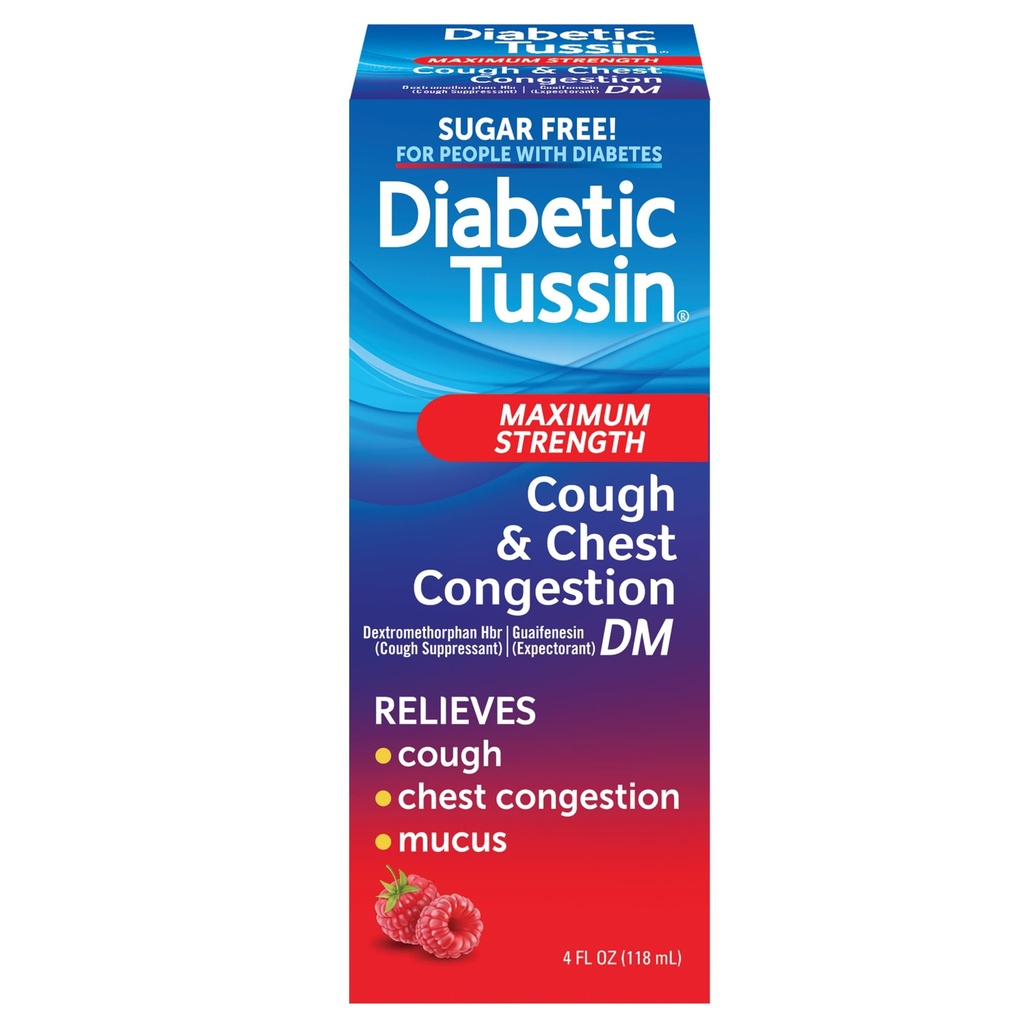 Diabético Tussin DM Máximo tos y congestión de pecho Alivio de la tos líquida, Seguro para Diabéticos, Berry Flavored, 4 Fl Oz (Pack of 1)