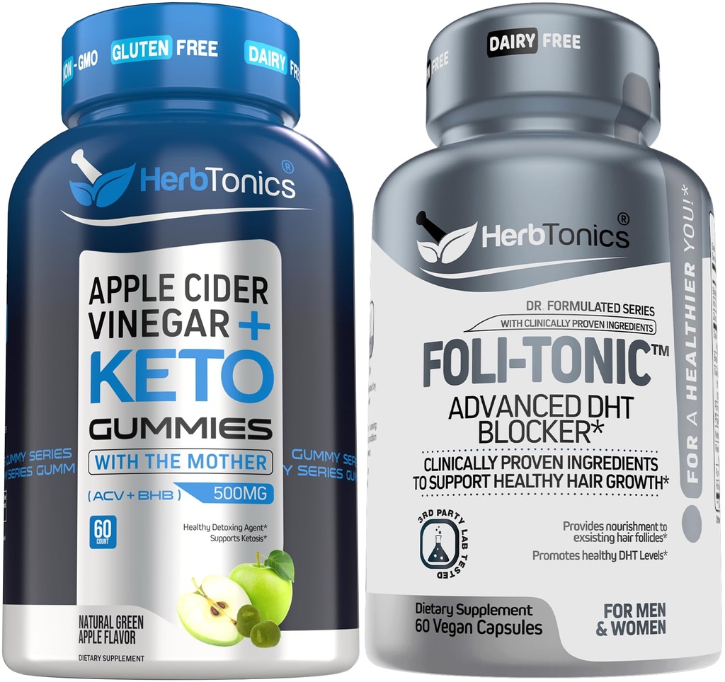 Herbtonics ACV Keto Gummies with The Mother & Keto BHB ← Apple Cider Vinegar Gummies - Korean Red Panax Ginseng 1500mg - Foli-Tonic DHT Blocker &amp; Hair Loss Suplemento Silencioso Tratamiento
