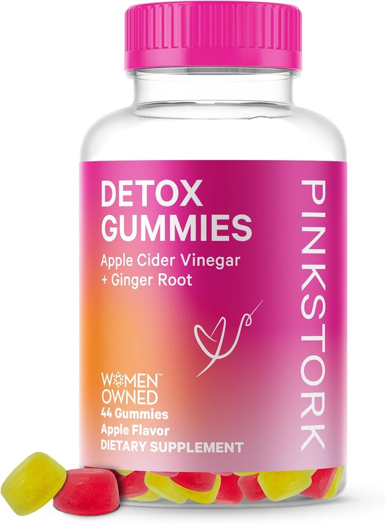 Pink Stork Detox Gummies, Apple Cider Vinegar Gummies con Ginger para ayudar a Bloating, Gut Health and Digestion, Chewable ACV Gummies - 44 Conde, 1 pack, 0.3 libras