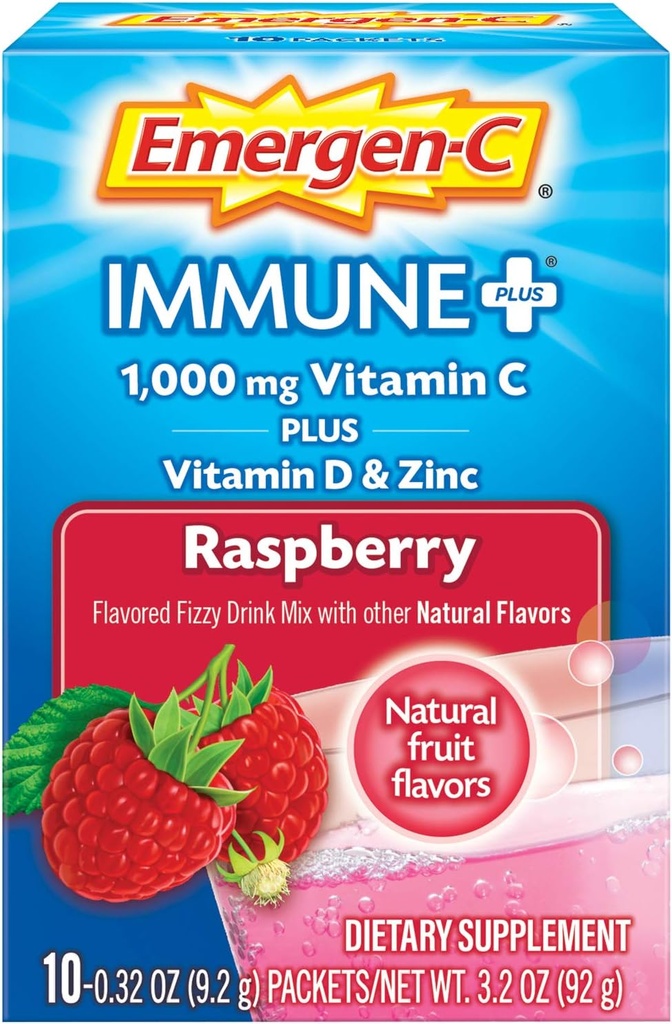 Emergen-C Immune+ Vitamina C 1000mg Powder, Plus Vitamina D y Zinc (Raspberry Flavor), Apoyo Inmune Suplemento dietético Fizzy Drink Mix, Antioxidants & Electrolytes, 0.32 Ounce (Pack of 10)