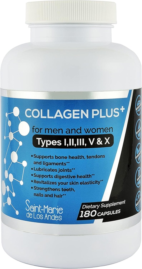 Multi Collagen Pills Plus + 180 Capsules (Types I, II, III, V & X) + Absorption Enhancer (3 Months Supply) - Non-GMO, Collagen Supplements to Support Hair, Skin, Nails, Joints, & Gut Health