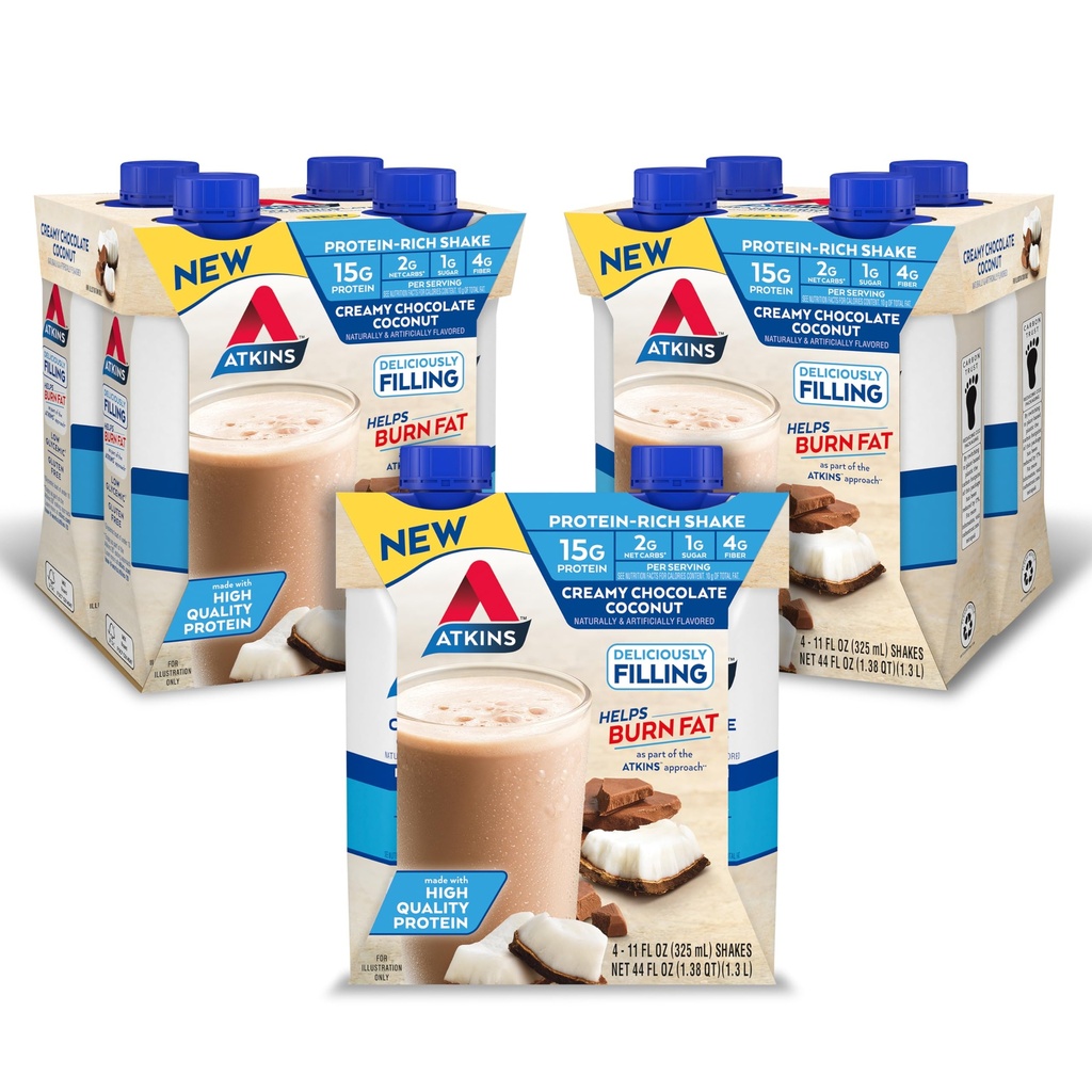 Atkins Creamy Chocolate Coconut Protein Shake, 15g Protein, 2g Net Carbs, 1g Sugar, Keto Friendly, 12 Cuenta