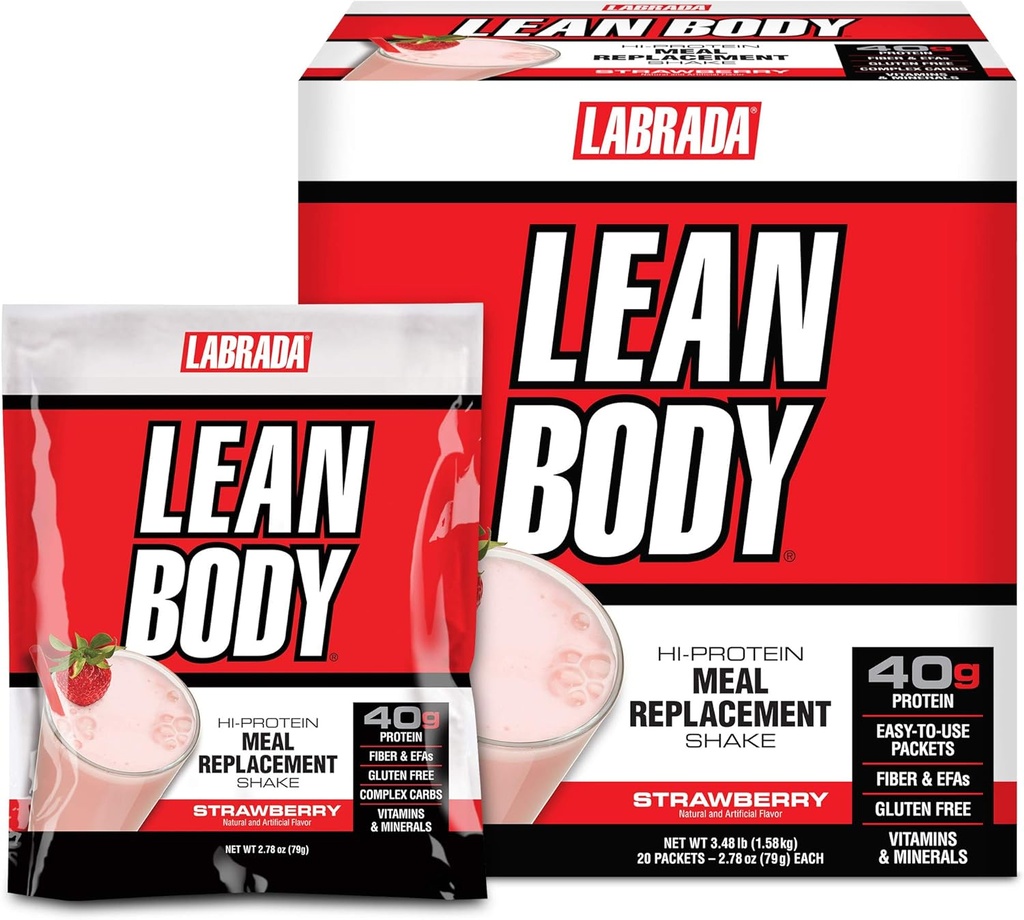 Labrada Lean Body MRP All-In-One Strawberry Meal Replacement Shake, 40g Protein, Whey Blend, 8g Healthy Fats EFA's & Fiber, 22 Vitamins and Minerals , No artificial color, Gluten Free, (20 Packets)