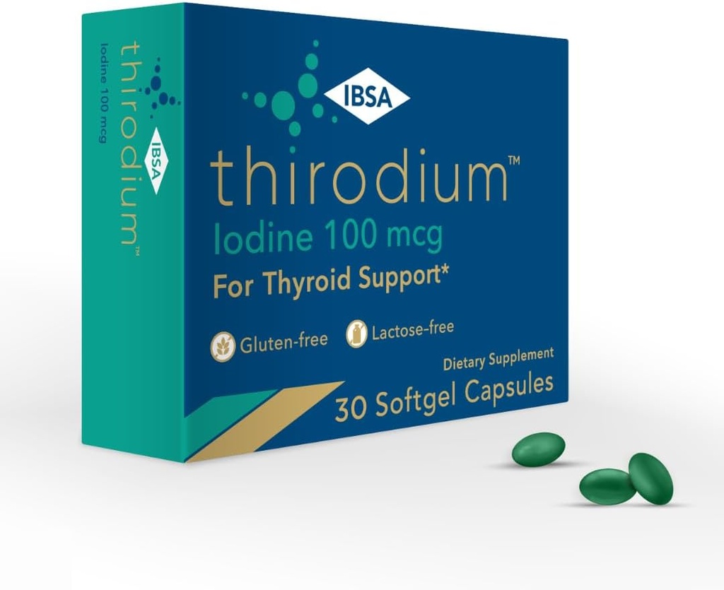 Thirodium - Suplemento de apoyo a los tiroides - 100mcg Iodine (sodium Iodate) - 30 cápsulas de gel blando para aumentar la absorción - libre de gluten, libre de lactosa, libre de azúcar, no GMO