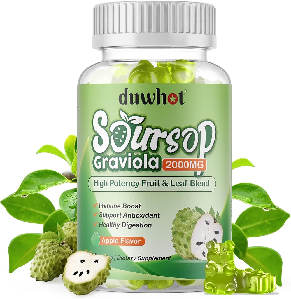 Soursop Gummies 2000MG, Soursop Leaf & Fruit Extract for Adults, Soursop Fruits w/Vitaminc C for Immune Support, Antioxidant and Digestive Aid, Vegan, 60 Condes