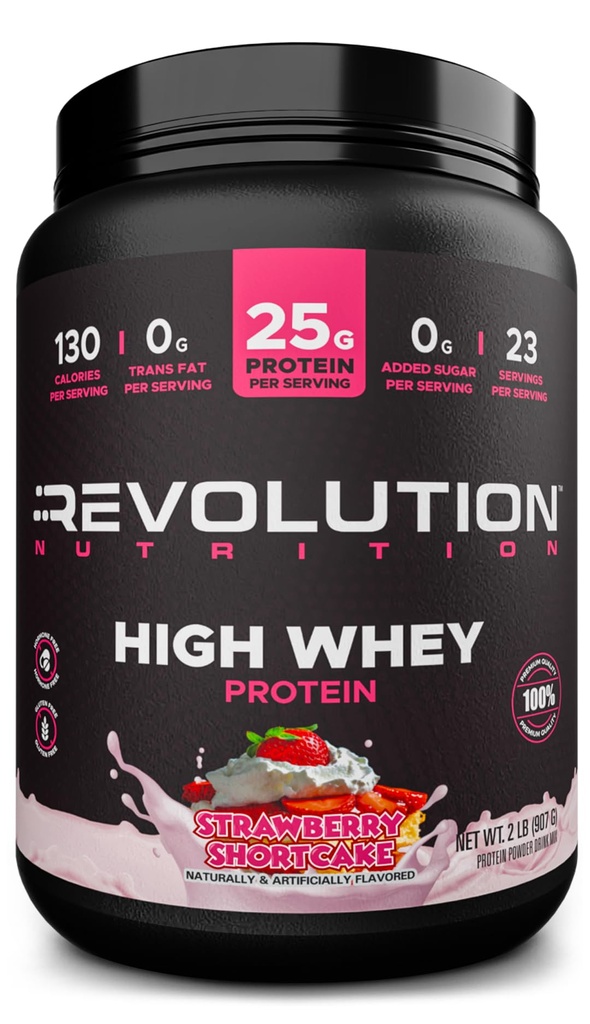 Revolution Nutrition, High Whey, Protein Powder 2LB, Whey Isolate, Gluten Free, Lean Muscle Mass for Men & Women, 25g of Protein Per Scoop, 908 g, 24 Servings (Strawberry Shortcake, 2 Pound)
