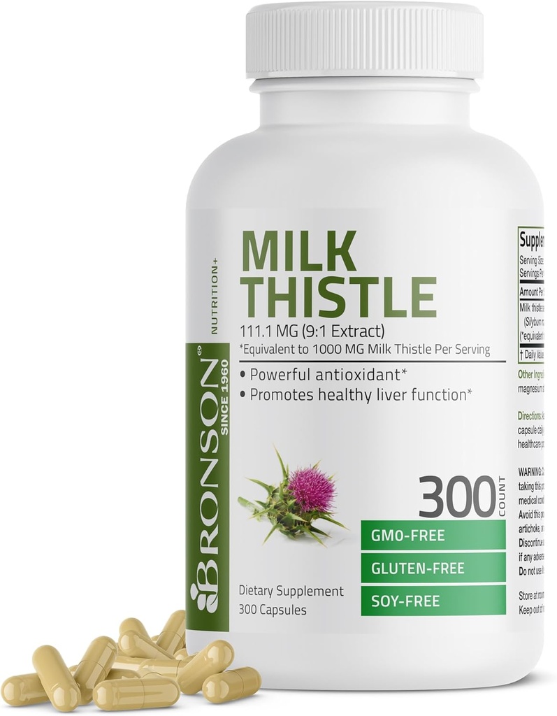Bronson Milk Thistle 1000 MG Silybum Marianum Antioxidant & Liver Health Support - Non-GMO, 300 Capsules
