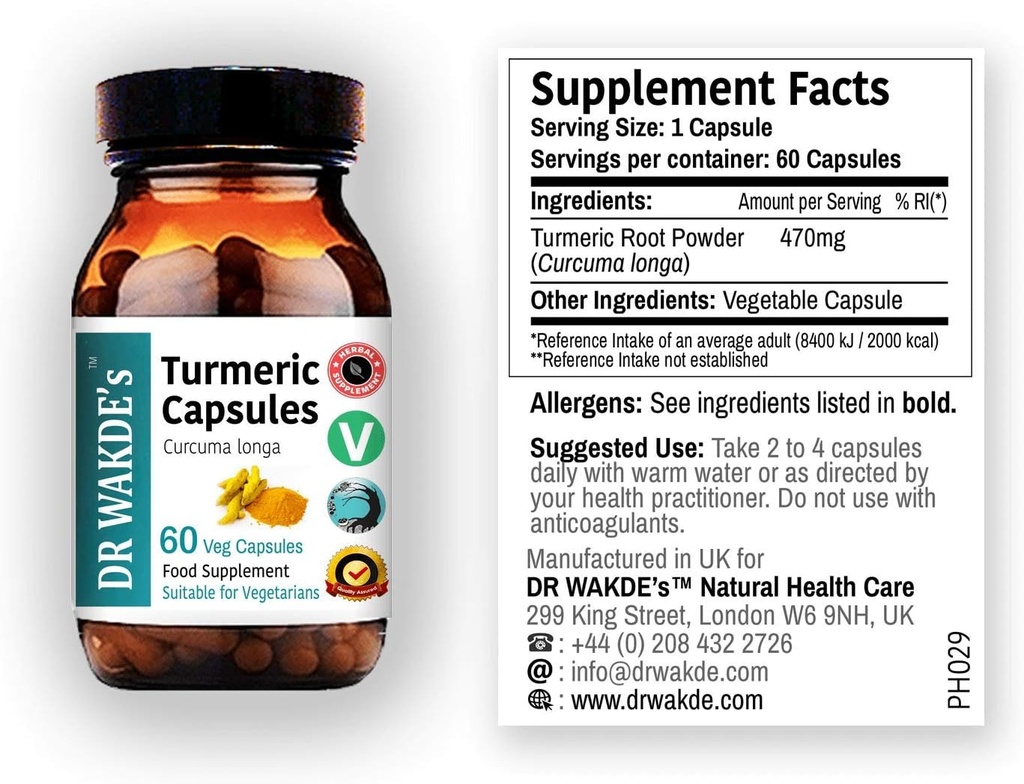 Capsulas Turméricas de DR WAKDE (Curcuma Longa, 60 caps, Suplemento de base vegetal, hierba ayurvédica, todo natural, vegano)