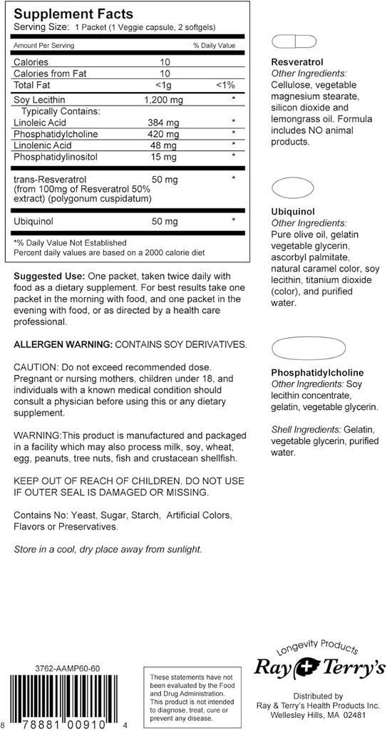 Transcend Ray and Terry's Anti-Aging Supplement Combination: 30 Day Supply Individual Dose Packets Contain 3 Supplements to Counterract Biochemical Aging