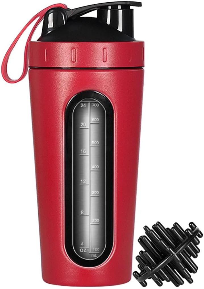 Botella Protein Shaker, Copa de Acero Inoxidable, Botella de agua de mezclador deportivo, Ventana Visible, Leak Proof, No BPA con bola de mezcla para ejercicios de gimnasio, 28 onzas, rojo