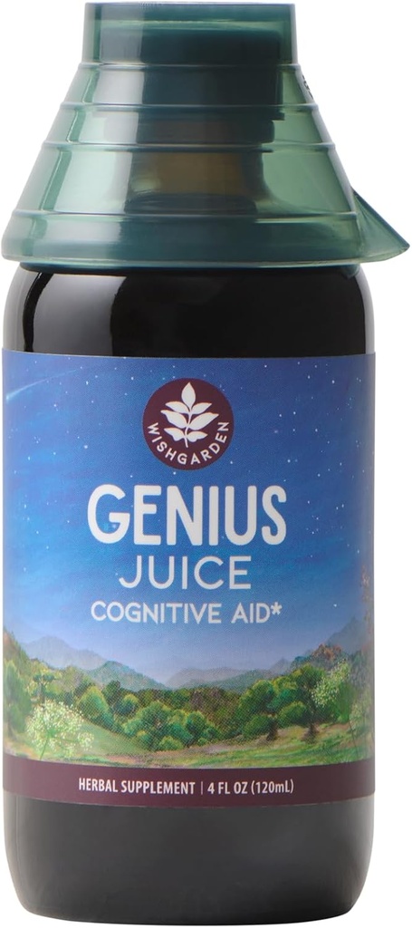 WishGarden Herbs Genius Juice - Liquid Herbal Nootropic Brain Booster Suplemento para Focus, Clarity, Concentration &amp; Energy con Ginkgo Biloba & Gotu Kola, Cognitive Support, No Caffeine, 4oz