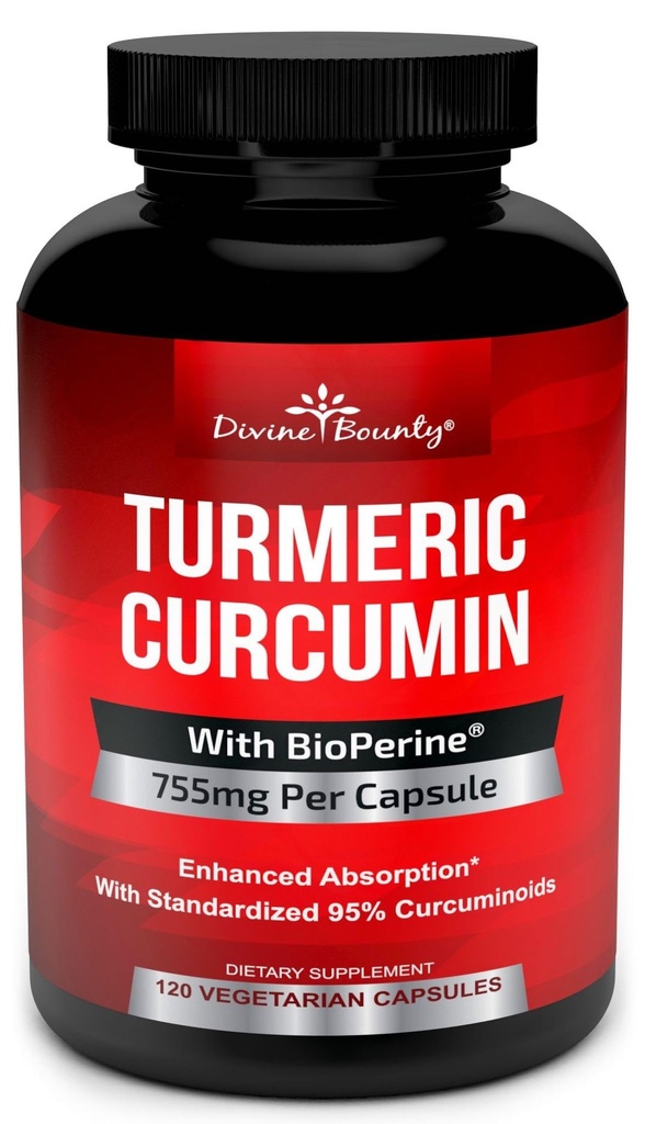 Curcumina Turmérica con BioPerine Black Pepper Extract - 755mg por cápsula, 120 Veg. Capsules - GMO Free Tumeric, Estándarizado a 95% Curcuminoids para potencia máxima
