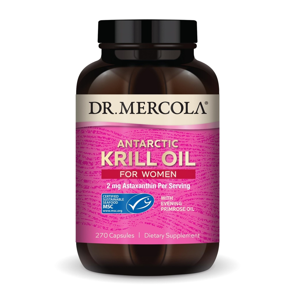 Dr. Mercola Krill Oil for Women - 2 mg Astaxanthin - MSC Certified Sustainable - Supports Brain, Skin & Immune Systems - with Omega-3s - Non-GMO, Gluten-Free &amp; Soy-Free - 270 cápsulas (30 servidos)