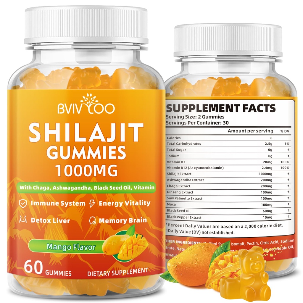 Shilajit Gummies 1000mg Sugar Gratis - Shilajit Suplemento para Hombres &amp; Mujeres - Alto en 85+ Trace Minerals & Fulvic Acid - Energía, Cerebro, Inmunidad - 60 Gummies