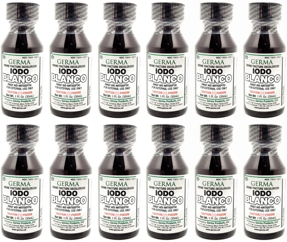 Germa White Iodine Tincture. First Aid Antiseptic. for Minor Scrapes, Cuts, Bruises and Burns. Prevents Skin Infection. 1 oz. Pack of 12