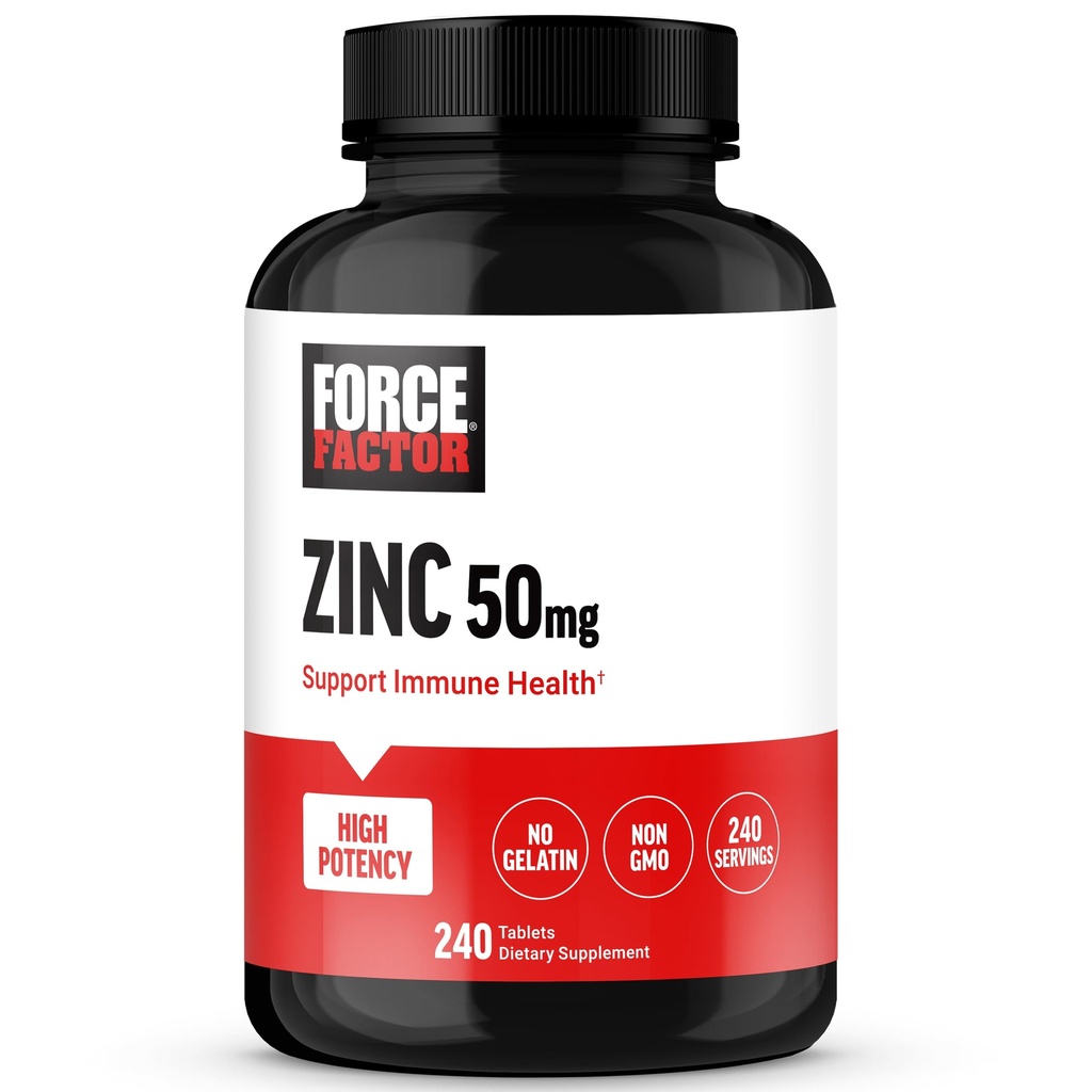 Force Factor Zinc 50mg, Zinc Supplements with Zinc Oxide Powder, Zinc Gluconate, and Zinc Citrate for Immune Support and Immune Health, High-Potency, Vegan, Gelatin Free, Non-GMO, 240 Tablets