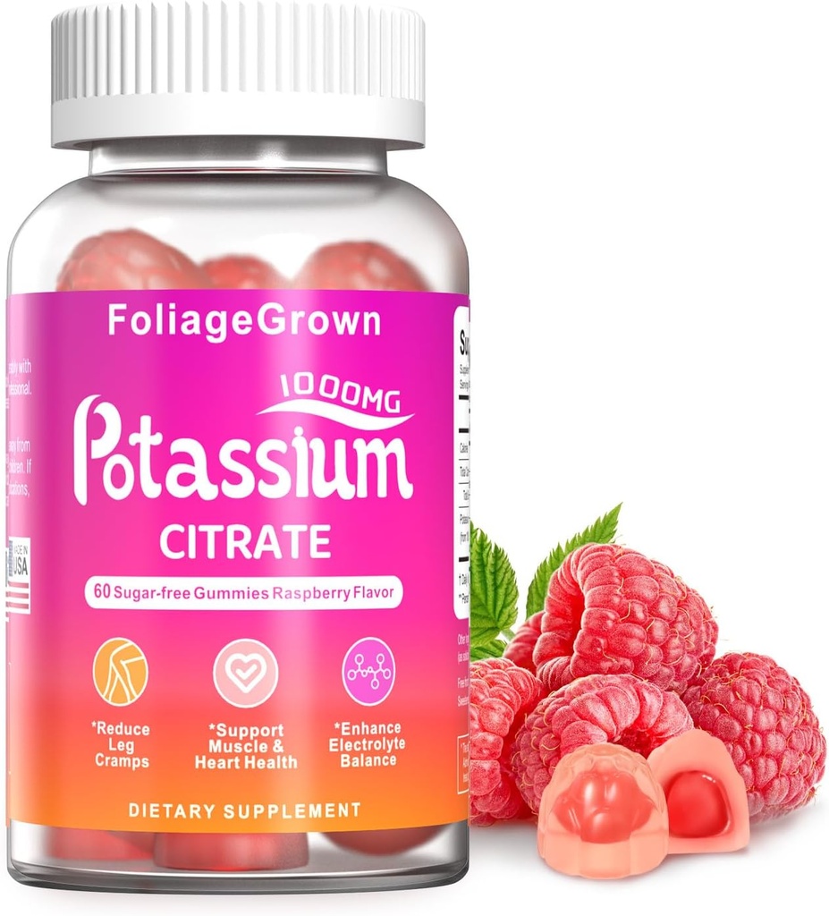 Potassium Supplement Gummies 1000mg - Potassium Supplement for Leg Cramps, Muscle & Heart Health - 1 Month Supplement (60 Count)