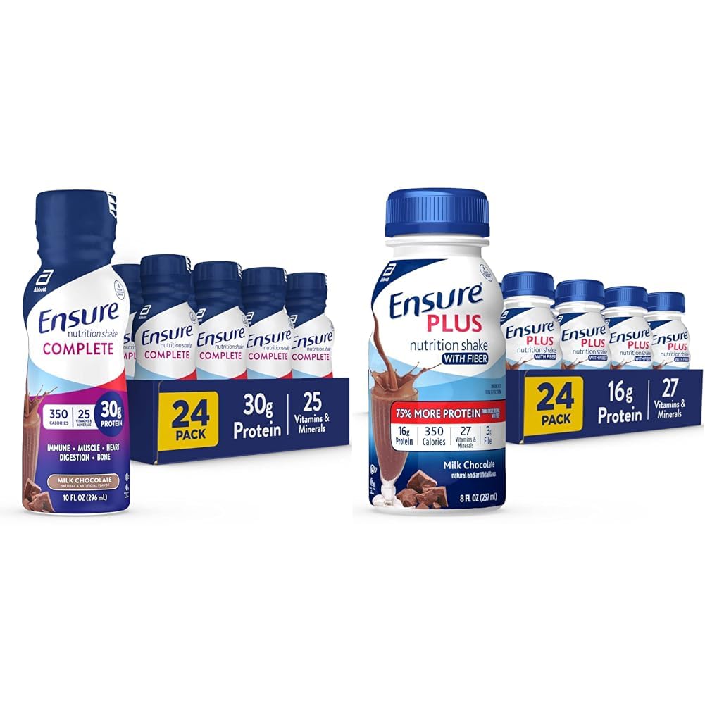 Asegurar el afeitado de nutrición integral &amp; Asegurar más Afeitado de nutrición con fibra, 16 gramos de proteína, líquido de sustitución de comidas, chocolate de leche, sin gluten, 8 Fl Oz (Pack of 24)