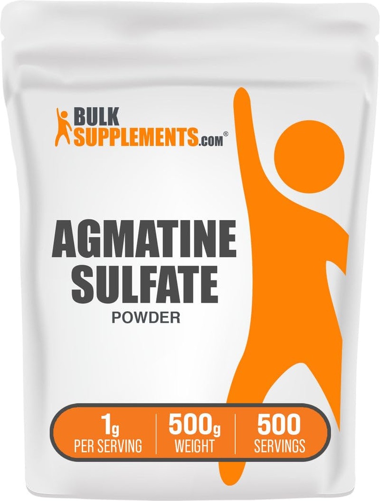 BulkSupplements.com Polvo de Sulfato Agmatine - Suplemento de óxido nítrico, Polvo de entrenamiento previo - Sin sabor, 1g por servicio, 500g (1.1 libras) (Pack of 1)