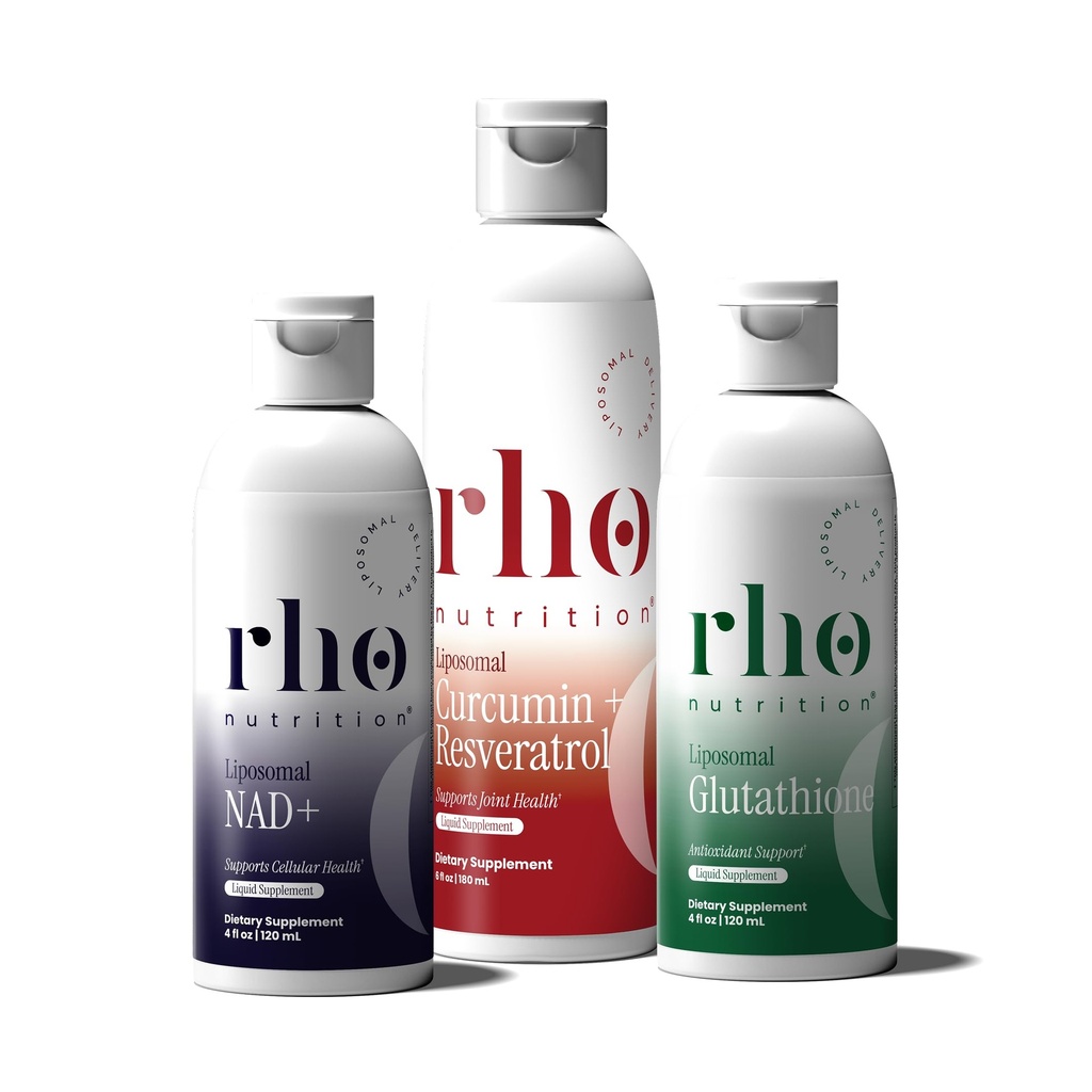 Nutrición de Rho - Esenciales Celulares de Salud Bundle – Suplementos Liposómicos Líquidos para el envejecimiento saludable " Soporte celular - NAD+, Curcumin + Resveratrol, " Glutathione (3 Pack)
